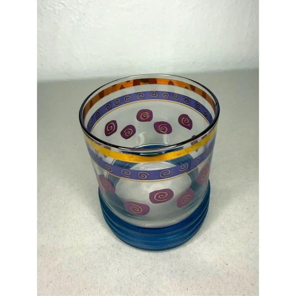 Vintage Sakura Sango On the Rocks Sue Zipkin MCM‎ Whiskey Glass Gold Rimmed Blue